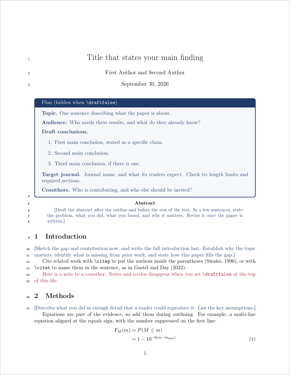 The first page of the template draft in draft mode, with a dated title page, a planning box listing topic, audience, draft conclusions, target journal, and coauthors, colored notes and to-dos, and line numbers.
